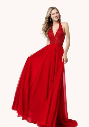 Sherri Hill Sequin Halter Chiffon Gown In Red