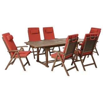 Beliani Conjunto De Comedor Exterior R&uacute;stico 6 Plazas Mesa Extensible Sillas Reclinables Madera Acacia Oscura Con Cojines Rojos Amantea Premium
