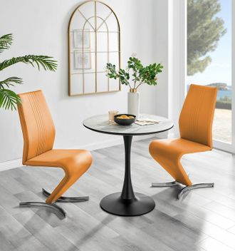 Furniturebox Elina White Marble Effect Scratch Resistant Dining Table & 2 Willow Faux Leather Chairs in Mustard