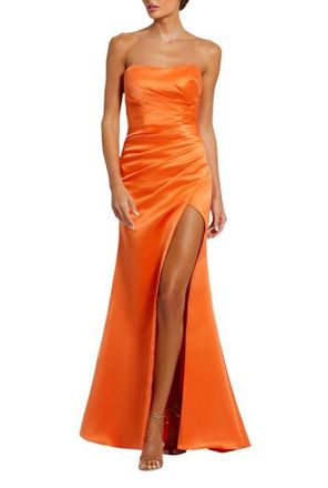 Mac Duggal Strapless Gathered High Slit Gown in Sherbet at Nordstrom, Size 12