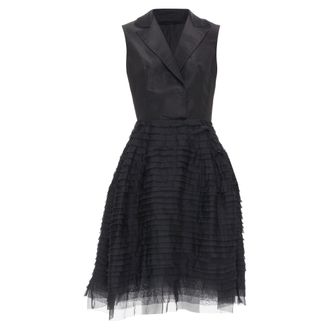 Oscar De La Renta R14 100% silk black peak collar tiered puff dress US4 S