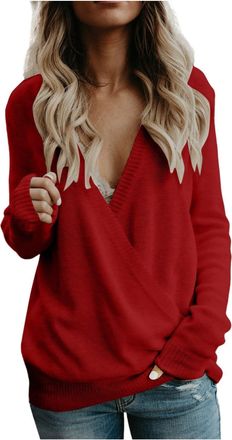 Generic 2025 Sweater Womens 2024 Deep V Neck Wrap Sweaters Long Sleeve Front Loose Knitted Pullover Fall Winter Tops (Red, L)