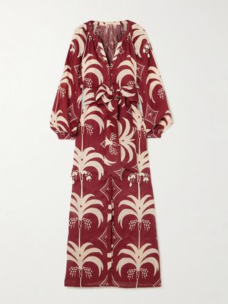 Johanna Ortiz Abito Midi In Lino Stampato Con Cintura E Decorazioni Weaving Waves - Rosso