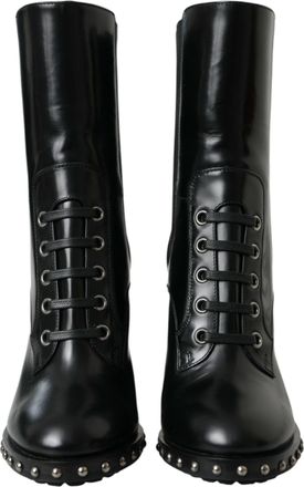 Dolce & Gabbana Black Leather Studded Lace Up Boots Womens Shoes