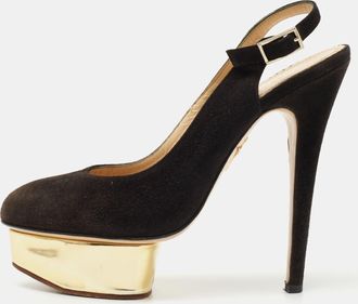 Charlotte Olympia Black Suede Dolly Platform Slingback Pumps
