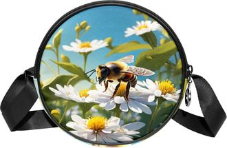 Generic Circle Crossbody Bag for Women, Bee Flower Small Sling Bag Daypack with Zipper Adjustable Shoulder Straps Casual Ladies Girls Round Purse