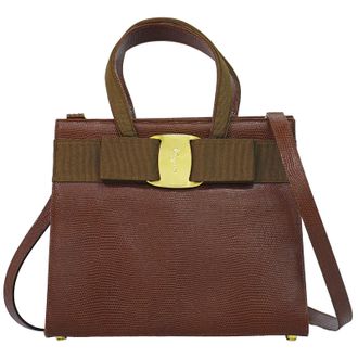 Ferragamo Convertible Vara Bow Tote Leather Brown Leather Handbag (Pre-Owned)