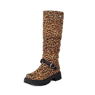Generic Womens Faux Suede Knee High Boots Block Heel Platform Boots with Buckle Pull on Casual Boot,Leopard,5.5 UK
