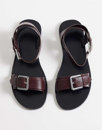 Mango Sandali bassi in 100% pelle color cioccolato con fibbia-Marrone