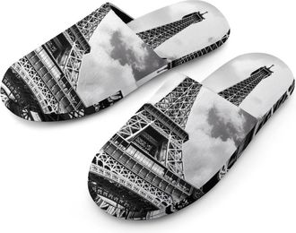 Generic E-iffel Tower Black And White Mens Slippers Flannel Warm House Shoes with Rubber Anti-Slip Sole Slip On for Home Outdoor