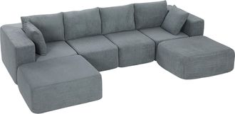 HOMCOM Homcom Sof&aacute; Modular En Forma De U, Sof&aacute; Seccional De 4 Plazas Con 2 Taburetes, 2 Almohadas, Reposabrazos Anchos, Sin Montaje, Gris Oscuro