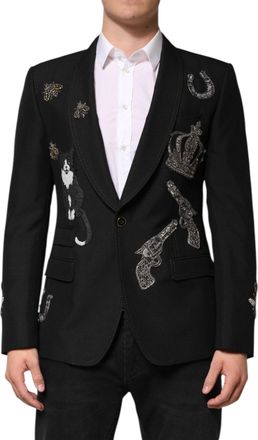 Dolce & Gabbana Mens Black Bee Crown Embellished Suit Coat Blazer