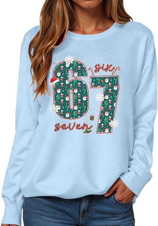 Generic Six Seven Christmas Jumpers for Women Christmas 67 Long Sleeve Sweatshirt Xmas Santa Six Seven Pullover Tops Light Blue