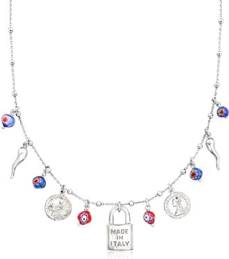 Ross-Simons Sterling Silver Italian-Inspired Charm Necklace With Multicolored Murano Glass Beads