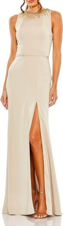 Mac Duggal Womens Embellished High-Neck Sleeveless Column Gown in Champagne at Nordstrom, Size 12