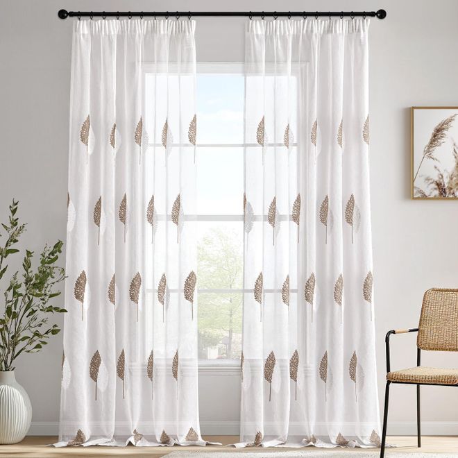 Miulee Gardinen Vorhänge mit Kräuselband, Vorhang Wohnzimmer Weiß Blätter Muster, Schöne Stickerei Gardine 2er Set Modern Schlafzimmer Fenster H 260 X B 140 ab 34,99 €