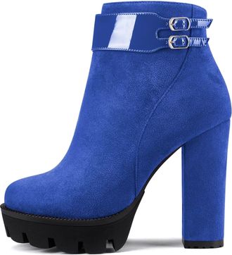 Castamere Women Chunky Block Platform High Heel Close Round Toe Ankle Boots Short Bootie Zipper Classic Boots Royal Blue 6 UK