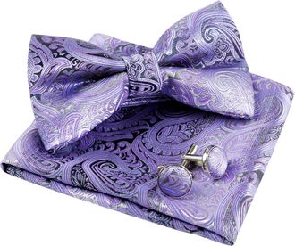 Alizeal Mens Paisley Classic Pre-tied Bow Tie Pocket Square and Cufflinks set, Lilac