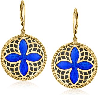 Ross-Simons Blue and Black Enamel Quatrefoil Drop Earrings in 18kt Gold Over Sterling