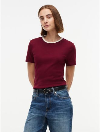 Tommy Hilfiger Womens Ribbed Contrast-Collar T-Shirt - Burgundy - XXL