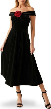 Flying Tomato Off the Shoulder Velvet Midi Dress in Black/red at Nordstrom Rack, Size Small