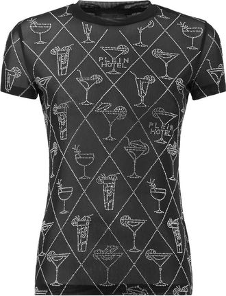 Philipp Plein Tulle Pure Fit T-Shirt Cocktails Crystal - Dames - T-shirts - Zwart - XS - Polyester - Tops