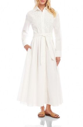 Karen Kane Floral Appliqu&eacute; Long Sleeve Cotton & Linen Shirtdress in Off White at Nordstrom, Size X-Large