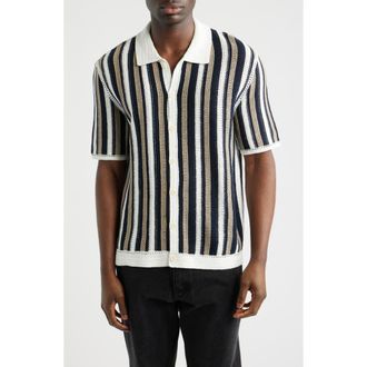 Wax London Porto Stripe Crochet Knit Polo in Ecru /Black at Nordstrom, Size X-Large
