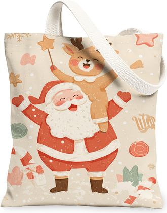 Generic Christmas Reindeer Canvas Tote Bags, Cute Holiday Design Lightweight Washable Grocery Bags, Vintage Style Eco-Friendly Shoulder Tote for Shopping Trav