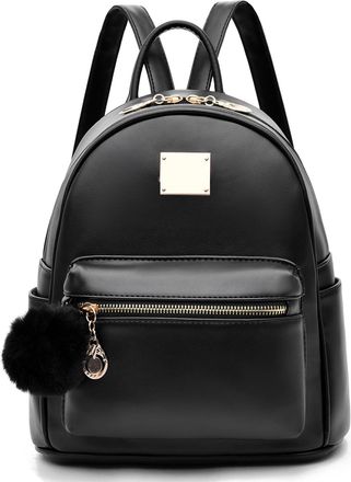 I Ihayner Girls Fashion Backpack Purse Leather Mini Backpack Purse for Women Satchel School Bags with Pompom Travel Daypacks Black