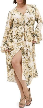 City Chic Print Tie Waist Long Sleeve Maxi Dress in Skin at Nordstrom, Size Xs