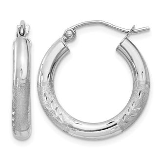 Diamond2Deal 14k Gold Satin & Diamond-cut 3x20mm Round Hoop Earrings