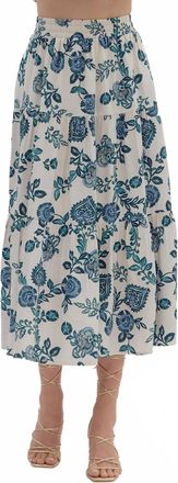 Entro Camille Floral Midi Skirt In Oyster, Peacock & Marine Navy