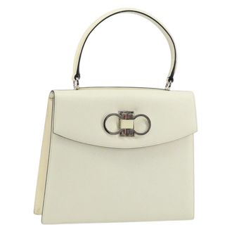 Ferragamo Double Gancini Top Handle Bag Saffiano Leather White Leather Handbag (Pre-Owned)