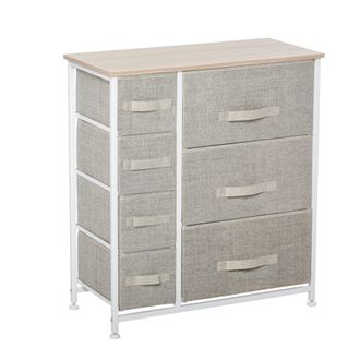 HOMCOM Vertical 7 Linen Drawers Cabinet with Metal Frame Adjustable Feet for Living Room - Bathroom - Kitchen - White - Oak and Light Grey - Home Living | T