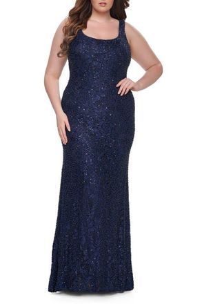 La Femme Beaded Lace Plus Size Fitted Dress with Square Neckline in Navy at Nordstrom, Size 12W