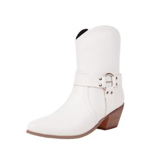 Generic Womens Western Pointed Toe Mid-Calf Faux Leather Boots Metal Buckle Strap Side Zip Block Heels Solid Color Durable Stylish Design,White,9.5 UK