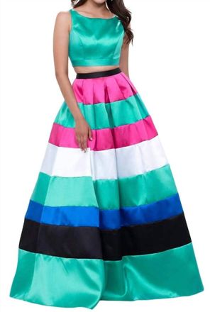 Nox Anabel 2 Piece Long Striped Dress In Teal/hot Pink/white