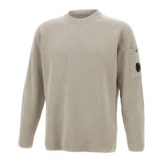 C.P. Company Round-neck Knitwear, male, Gray, Size: L Cotton Chenille Crewneck Lens Sweater