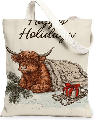 Generic Highland Cow Canvas Tote Bags, Rustic Animal Art Reusable Grocery Bags, Winter Vintage Washable Shoulder Strap Canvas for T, Beige, 13x15 Inch