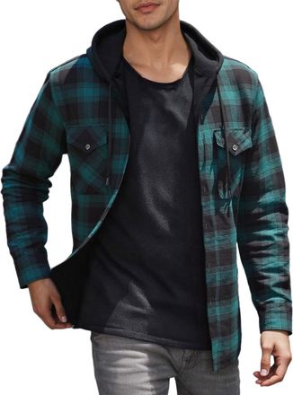 Generic Plaid Casual Sweatshirt Hoodie Long Sleeve Mens Shirt With Pocket Button Down Checked Jacket Flannel Regular Fit (Army Green, M)