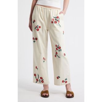 The Great. The Easy Pant Embroidered Floral Cotton Crop Pants in Natural Field Floral at Nordstrom, Size 3