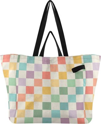 Generic Rainbow Checkerboard print Reusable Canvas Tote Bag, Heavy Duty Grocery Shopping Bag with Hard Bottom Large Capacity Double Handles Work Groceries Tra