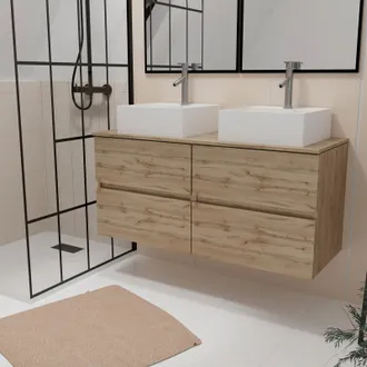 Aurlane Aurlane - Mueble De Ba&ntilde;o 120cm 4 Cajones Roble Natural + 2 Lavabos Blancos 41x41x15cm