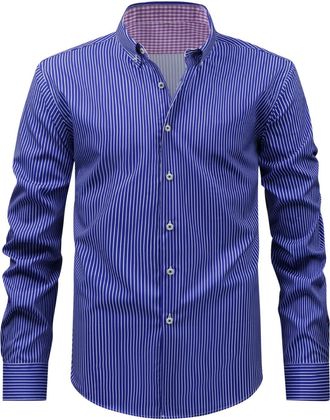 Generic Mens Classic Button Down Shirt,mens Striped Grandad Shirts Long Sleeve T-shirt Office Button Down Shirt For Men Mens Dress Shirt Pinstripe Shirts Busi