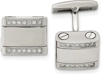 Diamond2Deal Stainless Steel Polished Cubic Zirconia Rounded Square Cufflinks