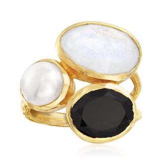 Ross-Simons 8mm Cultured Pearl, Black Onyx and Moonstone Ring in 18kt Gold Over Sterling
