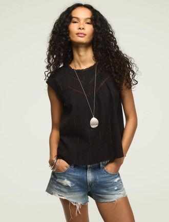 Lucky Brand Womens Lace Yoke Flutter Top