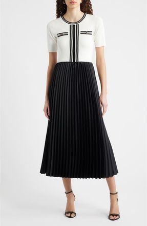 Elie Tahari The Mave Mixed Media Sweater Dress in Sky White /Noir at Nordstrom, Size X-Large