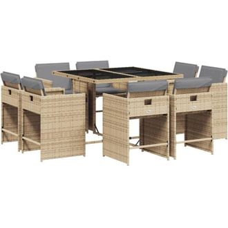 vidaXL Set Comedor De Jard&iacute;n 9 Pzas Con Cojines Rat&aacute;n Sint&eacute;tico Beige Vidaxl